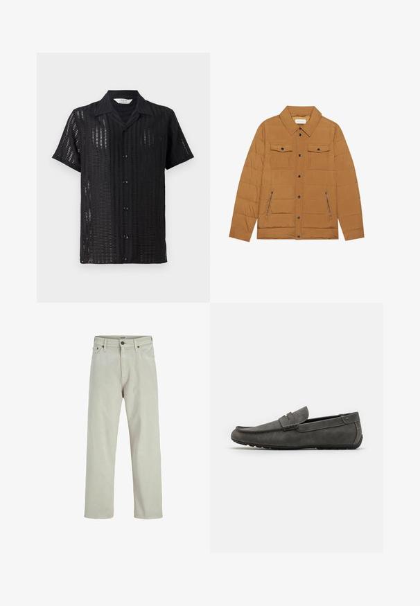 Barna steppelt dzseki, hegyes gallérral, két mellzsebbel és két oldalsó cipzáros zsebbel, fekete patent gombokkal és sima felülettel.; Fekete, rövid ujjú ing, hálós kialakítással, gombos elülső résszel és klasszikus gallérral. Könnyű anyag, vertikális kivágásokkal.; Világos bézs farmernadrág, egyenes lábbal, öt zsebes stílus, gombos derékkal, minimális varrási részletekkel.; Szürke velúr loafer, lekerekített orral, varrott részletezéssel és lapos gumitalppal. A cipő sima textúrával rendelkezik, és elöl egy csatt kiegészítő található.