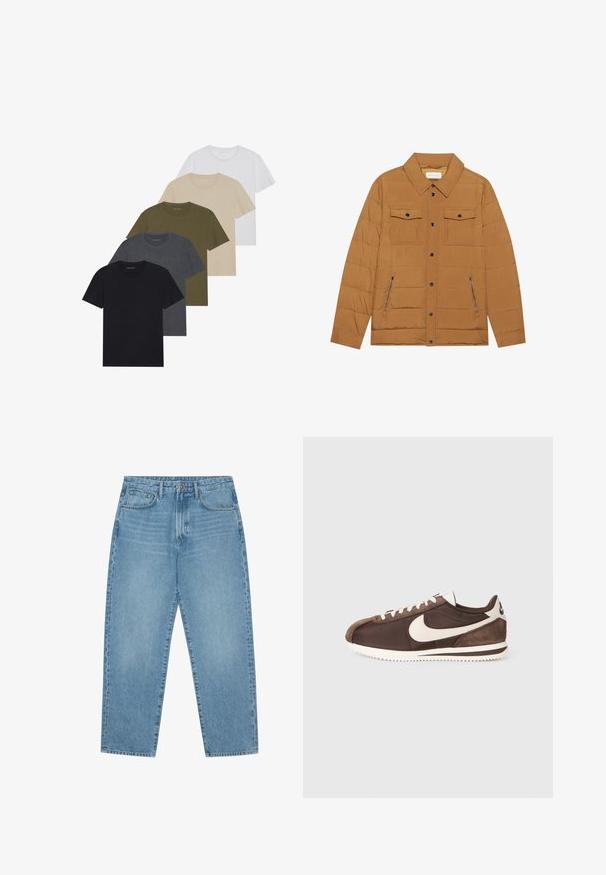 Giacca marrone trapuntata con colletto a punte, due tasche sul petto e due tasche laterali con zip, dotata di bottoni a pressione neri e una texture liscia.; Cinque t-shirt a collo tondo disposti in un gradiente: nero, grigio scuro, verde oliva, beige e bianco. Realizzati in tessuto morbido e traspirante.; Jeans a gamba larga in denim azzurro chiaro con vita alta, dotati di cinque tasche, passanti per cintura e una consistenza morbida e leggermente sbiadita.; Sneaker marrone con una combinazione di materiali in suede e canvas, dotato di un logo Nike swoosh bianco e di una suola in gomma testurizzata.