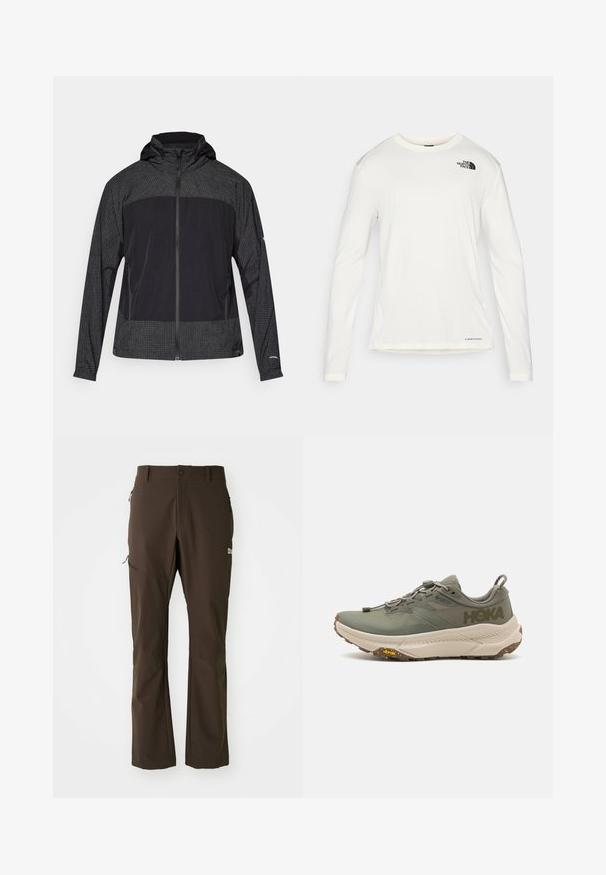 Čierna a tmavo šedá bundová mikina s kapucňou, plným predným zipsom, mriežkovým vzorom na rukávoch a hornej časti hrudníka, a so zipsovými bočnými vreckami.; Biela košeľa s dlhým rukávom a okrúhlym výstrihom, textúrovaná látka, čierne logo na ľavom pleci a nenápadné značkovanie na spodnej časti.; Jack Wolfskin HOLDSTEIG PANTS  - Outdoorové nohavice - peat; Zelené bežecké topánky Hoka s Gore-Tex vrchnou vrstvou, textúrovanými akcentmi, elastickými šnúrkami a hrubou béžovou podrážkou so značkou Vibram.