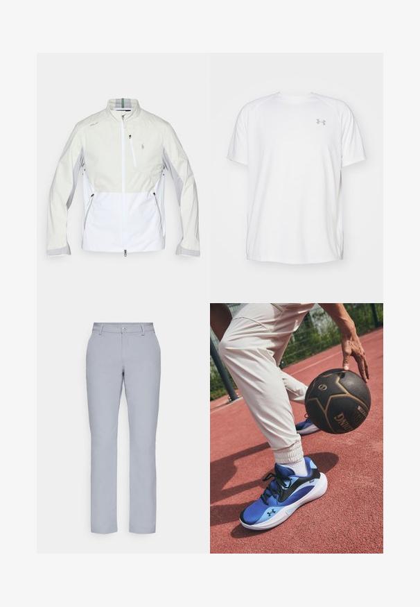 Leichte Jacke in Off-White und Hellgrau, mit durchgehendem Reißverschluss, hohem Kragen, diagonaler Farbabsetzung und mehreren Reißverschlusstaschen.; Weißes kurzärmeliges Sportshirt aus glattem Material. Mit Rundhalsausschnitt und grauem Logo auf der linken Brust, sowie seitlichen Schlitzen am Saum.; Hellgraue Hose mit geradem Schnitt, Knopfverschluss, Fronttaschen und einem glatten, strukturierten Stoff. Minimalistisches Design, keine Muster.; Blaue Sportschuhe mit einem schwarzen Swoosh, strukturiertem Obermaterial und weißer Sohle. Weiße Hose mit elastischen Bündchen, auf einer roten Spielfläche drapiert.