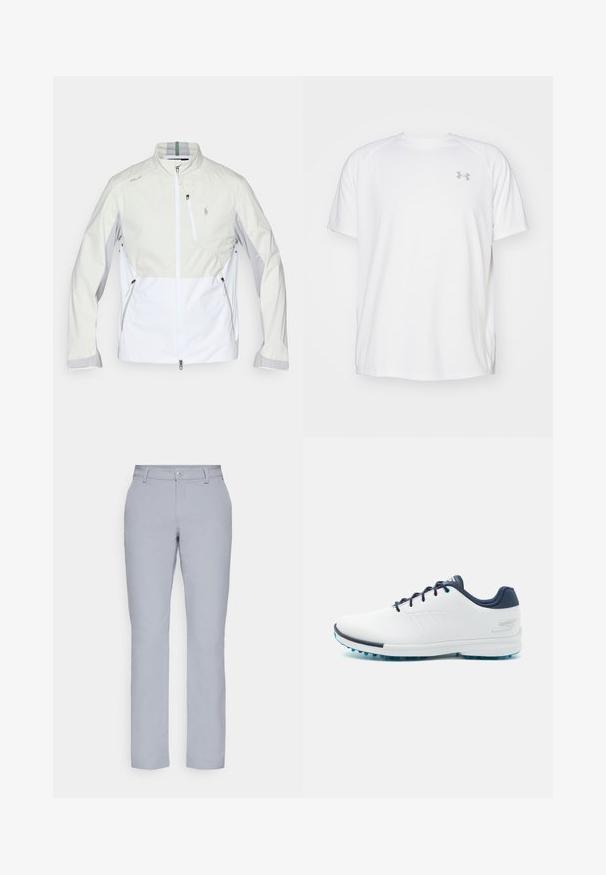 Leichte Jacke in Off-White und Hellgrau, mit durchgehendem Reißverschluss, hohem Kragen, diagonaler Farbabsetzung und mehreren Reißverschlusstaschen.; Weißes kurzärmeliges Sportshirt aus glattem Material. Mit Rundhalsausschnitt und grauem Logo auf der linken Brust, sowie seitlichen Schlitzen am Saum.; Hellgraue Hose mit geradem Schnitt, Knopfverschluss, Fronttaschen und einem glatten, strukturierten Stoff. Minimalistisches Design, keine Muster.; Weiße Sportschuhe mit einem glatten synthetischen Obermaterial, blauen Akzenten, strukturiertem marineblauen Absatz und einer leichten, genoppten Sohle für besseren Halt.