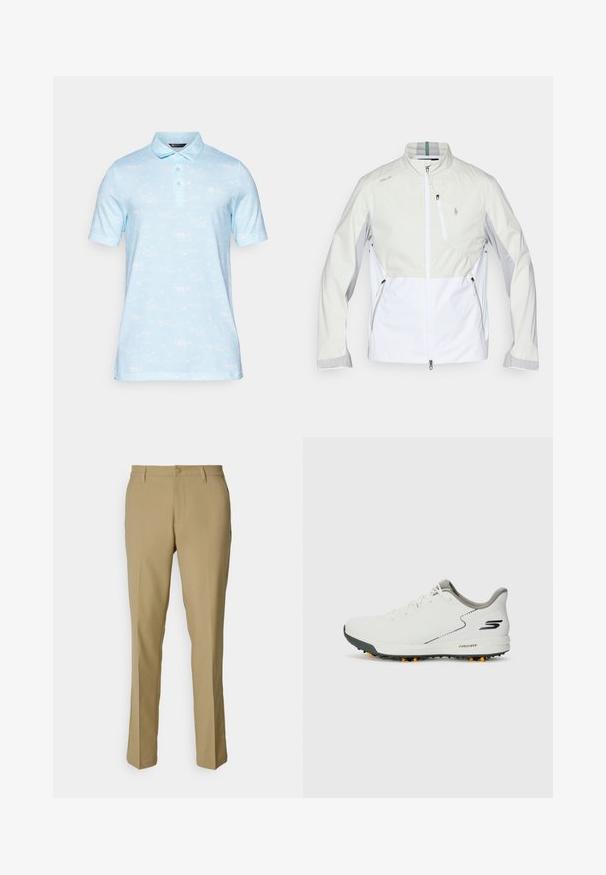 Könnyű dzseki tört fehér és világosszürke színben, cipzáros előlappal, magas gallérral, átlós színblokkos mintával és több cipzáras zsebbel.; Világoskék, rövid ujjú pólóing, galléros nyakkal, hajókat és pálmafákat mintázó diszkrét mintával. Puha szövet textúra.; Simává szövetből készült khaki nadrág, klasszikus dizájnnal, egyenes lábakkal, gombos záródással és két oldalsó zsebbel.; Fehér sportcipő sima felsőrésszel, szürke kiegészítőkkel és texturált fekete talppal, amelyen narancssárga tüskék találhatók. Könnyű, kényelemre összpontosító kialakítás.