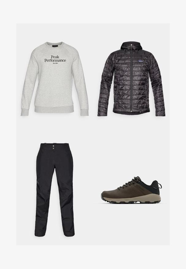 Black insulated jacket with a hood, featuring a quilted design, front zipper, and logo accent on the left chest. Waterproof material.; Peak Performance ORIGINAL CREW-BLACK-OFFWHITE - Sweatshirt - grey melange/black; Black waterproof pants with a smooth texture, featuring two front buttons and a tapered leg design. Accented with a logo on the side.; Brown waterproof sneakers with a textured upper, perforated accents, black heel support, and a grey rubber sole. Laces are styled with metallic ends.
