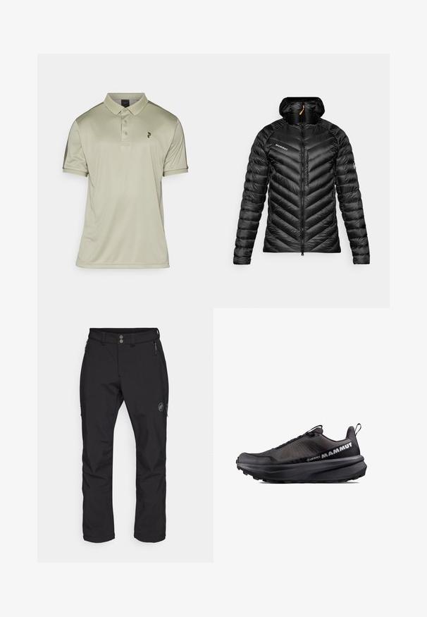 Zwarte pufferjack met een chevronontwerp, ritssluiting en een capuchon. Heeft een logo op de borst en een gestructureerde, glanzende stof.; Peak Performance PLAYER - Poloshirt - limit green/pine needle; Zwarte outdoorbroek met een recht model, gemaakt van duurzaam materiaal. Voorzien van twee voorzakken met ritsen en een logo op de bovenbeen.; Mammut AENERGY MTN LOW GTX - Outdoorschoenen - iguana black