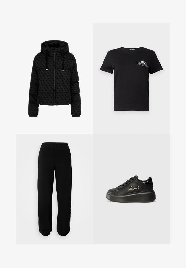 Melnā puffa jaka ar quilted rakstu, ar kapuci, rāvējslēdzēja aizdari un saites akcentiem. Riboti piedurknes, lai nodrošinātu ciešu piegulšanu.; Melnas īsām piedurknēm T-krekls, izgatavots no kokvilnas. Ar baltu grafiku, kurā rakstīts "KARL" un stilizēta figūra uz krūšu daļas. Apaļš kakla izgriezums.; Melni sporta bikses ar elastīgu jostasvietu un aprocēm. Izgatavotas no mīkstas auduma, uz kuras ir smalks dizaina elements kreisajā kājā.; Melni platformas sporta apavi, kas izgatavoti no gludas ādas, ar plakaniem šņorēm un izšūtu "Karl" logo sānos. Apaļa purngala un bieza zole.