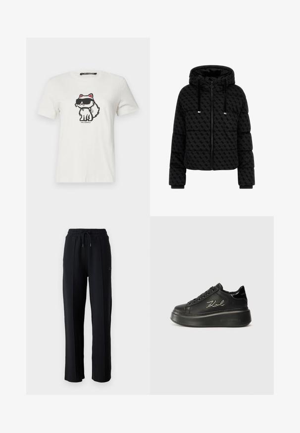 Černá péřová bunda s prošívaným vzorem, vybavená kapucí, zipovým uzávěrem a šňůrkovými detaily. Hranaté manžety pro pohodlné nošení.; Bílý bavlněný tričko s kreslenou kočkou s červenými akcenty a tmavými slunečními brýlemi. Kulatý výstřih a krátké rukávy.; Černé tepláky s volným střihem, elastickým pasem, nastavitelnou šňůrkou a vertikálními švy podél nohavic. Měkká textilie.; Černé platformové tenisky s hladkým koženým svrškem, plochými tkaničkami a vyšitou logem "Karl" na boku. Kulatá špička a silná podrážka.