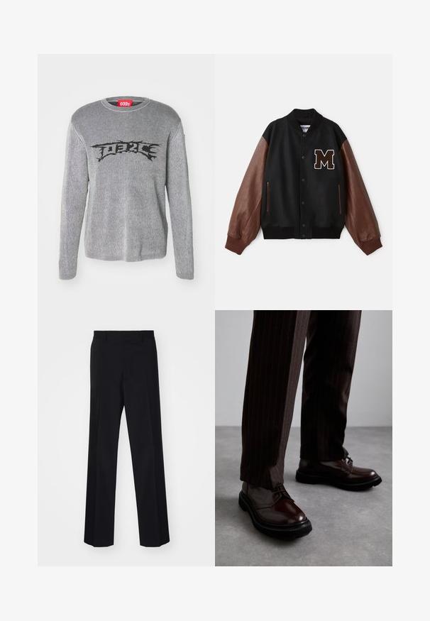 Schwarze Collegejacke mit braunen Lederärmeln, gerippten Bündchen und einem "M"-Patch auf der Brust. Sie hat einen Druckknopfverschluss und Seitentaschen.; Grau gestreifte Pullover mit Rundhalsausschnitt, langen Ärmeln und einem schwarzen grafischen Textdesign über der Brust. Hergestellt aus einem strukturierten Stoff.; Schwarzes Baumwoll-T-Shirt mit auffälligem weißen "MOSCHINO"-Text auf der Vorderseite; Rundhalsausschnitt und kurze Ärmel. Einfaches Design, klassischer Schnitt.; Schwarze, maßgeschneiderte Hose mit weitem Bein, ausgestattet mit einer glatten Textur und scharfen Falten, gefertigt aus einem gewebten Stoff.; Braune Leder Schnürschuhe mit glänzender Oberfläche, schwarzer Gummisohle und dezenten Nähten. Getragen mit braunen Angabenhosen mit Nadelstreifen.