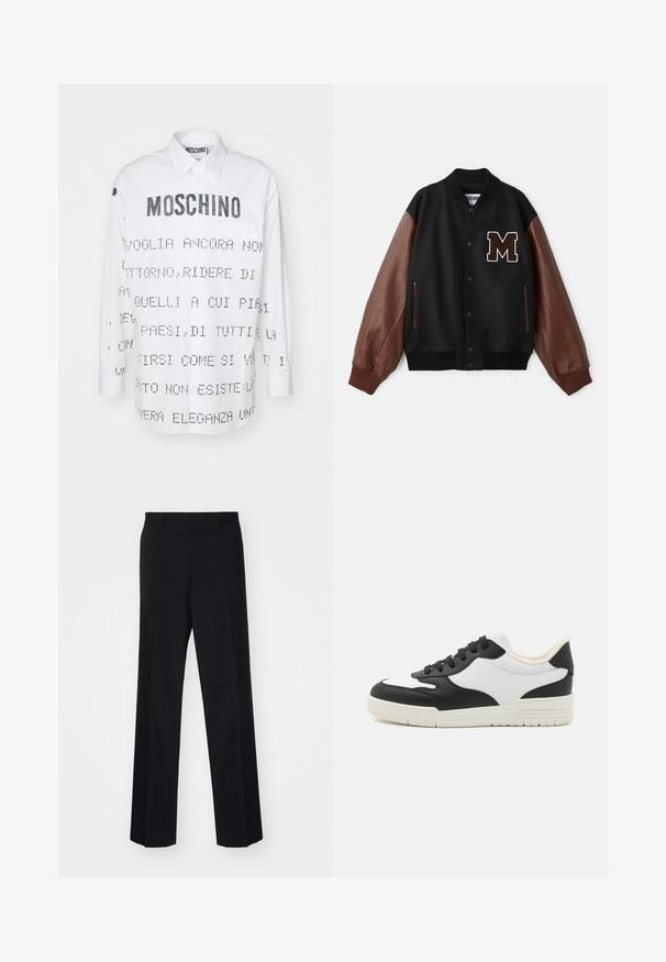 Juodas sportinis švarkas su rudais odiniais rankovėmis, raštuotais rankogaliais ir "M" ženkleliu krūtinėje. Turi spaudinių užsegimą ir šonines kišenes.; Balta ilgomis rankovėmis marškiniai su smailiu apykakle, su juodu tekstu ir grafikomis spausdintomis priekyje ir gale. Mygtukų užsegimas.; Juodas medvilnės marškinėliai su ryškiu baltu "MOSCHINO" tekstu priekyje; apvalus iškirpimas ir trumpomis rankovėmis. Paprastas dizainas, klasikinis kirpimas.; Juodos prisiūtos kelnes su plačiomis kojomis, turinčios sklandų paviršių ir aštrius raukšles, pagamintas iš audinio.; Juoda ir balta sportinė avalynė su lygiu odiniu viršumi, apvaliu nosiu ir plokščiu guminiu padu. Įrengti juodi raišteliai ir švelni vidinė pamušalas.
