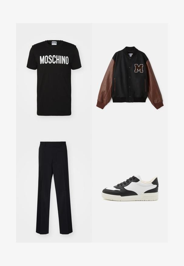 Juodas sportinis švarkas su rudais odiniais rankovėmis, raštuotais rankogaliais ir "M" ženkleliu krūtinėje. Turi spaudinių užsegimą ir šonines kišenes.; Juodas medvilnės marškinėliai su ryškiu baltu "MOSCHINO" tekstu priekyje; apvalus iškirpimas ir trumpomis rankovėmis. Paprastas dizainas, klasikinis kirpimas.; Juodos prisiūtos kelnes su plačiomis kojomis, turinčios sklandų paviršių ir aštrius raukšles, pagamintas iš audinio.; Juoda ir balta sportinė avalynė su lygiu odiniu viršumi, apvaliu nosiu ir plokščiu guminiu padu. Įrengti juodi raišteliai ir švelni vidinė pamušalas.