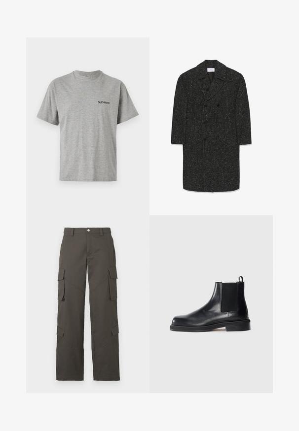 Abrigo de lana en espiga de color gris oscuro, con amplios solapas y seis botones negros en estilo de doble botonadura.; Camiseta corta de manga gris hecha de una mezcla de algodón, con un escote redondo y el texto negro "No Problemo" impreso en el frente.; Pantalones cargo rectos de color gris oscuro con cierre de botón y cuatro bolsillos con solapa, dos en los muslos y dos cerca de las pantorrillas.; Botín Chelsea de cuero negro con panel lateral elástico, punta redonda, lengüeta en el talón y suela baja apilada sobre fondo liso.