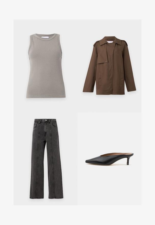 Brun bomullsjakke med skjortekrage, skulderepauletter, knappestenging foran og to påsydde lommer i livet.; Beige strikket cardigan med lange ermer, rund hals og knappelukking. Har ribbestrikket kant og mansjetter, med "2ND DAY" brodert foran.; Ermeløs grå ribbestrikket tanktop med rund hals og rett kant, med en teksturert stoff og subtile sømmer på skuldrene.; Svarte denim brede ben jeans med høy midje, med frontlommer, synlige sømmer og en ren finish. Ingen dekorasjoner eller slitasje.; Sorte lærmules med spiss tå og lav, blokkert hæl. Glatt tekstur med et elegant design. Åpen bak med minimal detaljering.