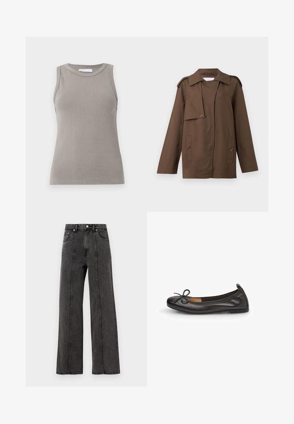 Ruda medvilninė striukė su plačiu apykakle, pečių epauletėmis, mygtukų uždarymu priekyje ir dviem kišenėmis prie juosmens.; Šviesiai ruda megzta kardiganas su ilgomis rankovėmis, apvaliu iškirpimu ir mygtukų užsegimu. Apykaklėje ir rankogaliuose yra raižyti elementai, o priekyje yra siuvinėtas „2ND DAY“ užrašas.; Pilkas be rankovių lygus marškinėliai su apvalia iškirpte ir tiesiu apvadu, su tekstūruotu audiniu ir subtiliomis siūlėmis peties srityje.; Juodos džinsinės plačios kelnės su aukšta juosmens linija, turinčios priekines kišenes, matomą siuvinėjimą ir tvarkingą apdailą. Be puošmenų ar susidėvėjimo.; Juodas odinis baletinių batelių modelis su suapvalintu nosiu, plonu kaspinu priekyje ir elastine juostele, užtikrinančia tvirtą prigludimą. Plokščias padas komfortui.