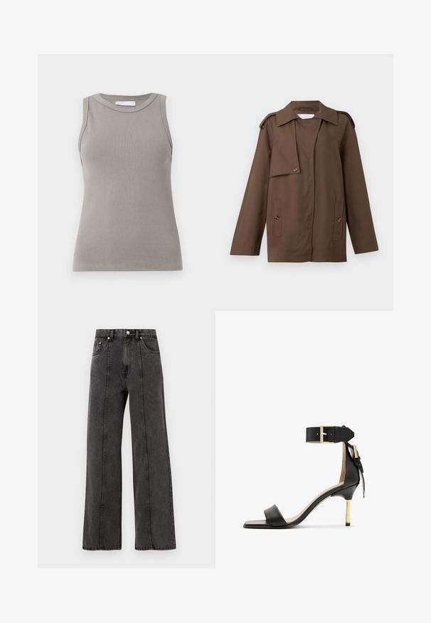 Veste en coton marron avec un col étalé, des épaulettes, un devant à boutons et deux poches plaquées à la taille.; Cardigan en tricot beige avec manches longues, décolleté rond et fermeture à boutons. Caractéristiques : ourlet et poignets côtelés, avec "2ND DAY" brodé sur le devant.; Débardeur gris sans manches en maille côtelée avec un col rond et un ourlet droit, présentant un tissu texturé et des coutures subtiles aux épaules.; Jeans noirs en denim à jambes larges avec taille haute, dotés de poches avant, de coutures visibles et d'une finition nette. Sans embellissements ni effets usés.; Sandale à talon en cuir noir avec un bout carré, une bride de cheville dotée d'une boucle en or et un talon métallique fin. Texture lisse, design minimaliste.