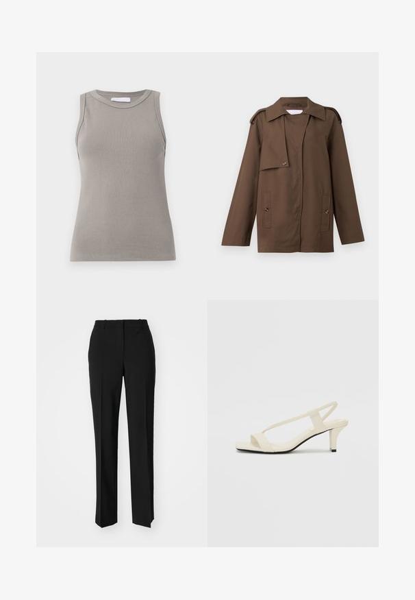 Giacca di cotone marrone con colletto a camicia, spalline, chiusura con bottoni frontale e due tasche applicate in vita.; Top senza maniche grigio a coste con scollatura rotonda e orlo dritto, caratterizzato da un tessuto testurizzato e cuciture sottili sulle spalle.; Pantaloni neri su misura con un design a gamba dritta, caratterizzati da una texture liscia e pieghe ben definite sul davanti. Senza hardware visibile.; Sandali con tacco a blocco beige, con sottili cinturini e punta quadrata. Materiale liscio con dettagli minimi, progettati per un facile utilizzo.
