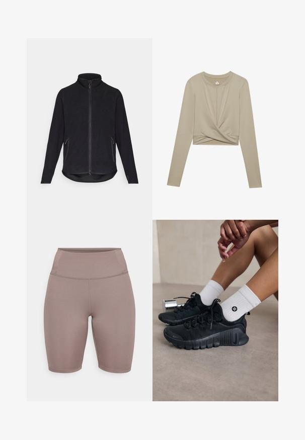 Chaqueta de forro polar negra con un alto cuello, cremallera frontal completa y dos bolsillos laterales con cremallera. Presenta una superficie texturizada y un dobladillo curvado.; Top corto de manga larga beige claro con un diseño frontal retorcido, hecho de una tela suave. Cuenta con un escote redondo y mangas ajustadas.; Bermudas de bicicleta en un suave color topo, hechas de tela elástica. Tienen una cintura alta con una cinturilla suave y un diseño sin costuras.; Zapatillas deportivas negras con tejido texturizado, diseño de cordones y una suela prominente, combinadas con calcetines blancos de canalé que presentan un pequeño logo.