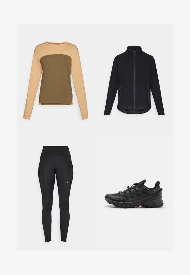 Casaco de polar preto com colarinho alto, fecho de correr frontal completo e dois bolsos laterais com zíper. Apresenta uma superfície texturizada e uma bainha curva.; Camisa de mangas longas com uma parte superior bege e uma parte inferior verde oliváceo escuro. Tecido suave e texturizado com costuras contrastantes nos ombros.; Leggings pretos de comprimento total, feitos de material elástico, com uma cintura alta, bolsos laterais e um pequeno logotipo na coxa esquerda.; Sapatos desportivos pretos com um upper texturizado, apresentando um sistema de atacadores seguro, uma sola acolchoada e um acento vermelho proeminente na lateral.