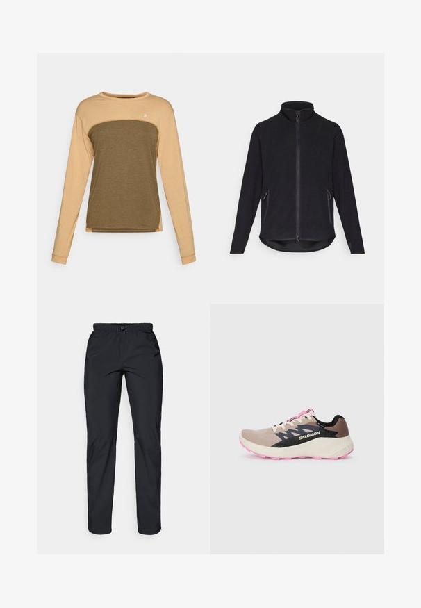 Fekete plüss dzseki magas gallérral, teljes elöl cipzárral és két oldalsó cipzáras zsebbel. Texturált felülettel és ívelt aljjal rendelkezik.; Hosszú ujjú ing bézs felső résszel és sötét olajzöld alsó résszel. Puha, texturált anyag, kontrasztos vállvarrásokkal.; Fekete, könnyű, vízálló nadrág rugalmas derékkal és két oldalsó zsebbel; sima textúra; egyenes lábú fazon.; Beige és rózsaszín Salomon futócipő fekete logóval és dizájn kiemelésekkel, krémszínű középtalppal és rózsaszín talppal, oldalnézetből, sima háttér előtt.