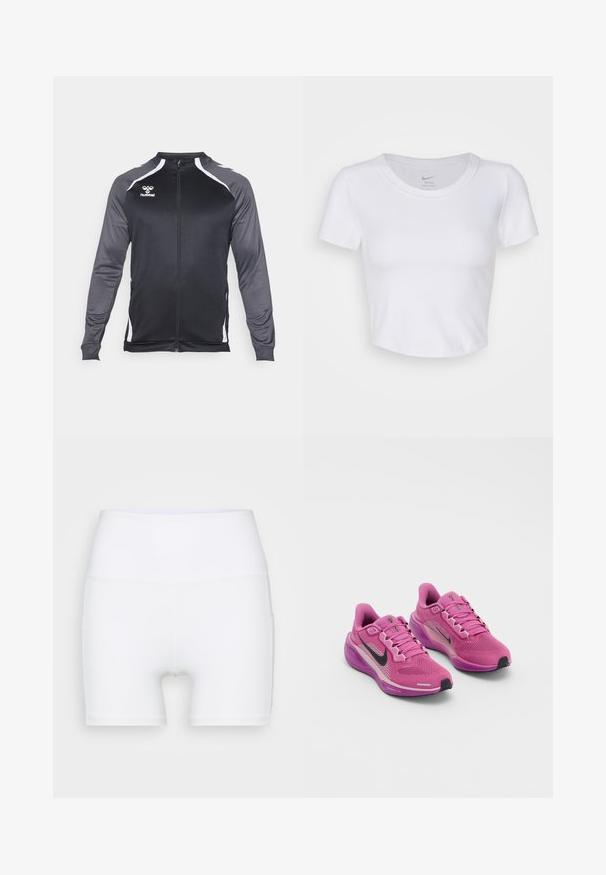 Veste de sport noire et grise avec une fermeture éclair intégrale, des manches longues et des accents blancs. Présente un logo sur la poitrine et un design ajusté.; Crop top blanc à manches courtes en matériau synthétique lisse. Présente un col rond et un logo Nike à l'intérieur du col.; Shorts blancs taille haute en tissu extensible. Fabriqués avec une texture lisse et un design ajusté, sans motifs ni accessoires supplémentaires.; Baskets de sport roses avec tige en tissu en maille, swoosh noir de Nike, col rembourré et semelle coussinée. Présentent des accents réfléchissants et des lacets.