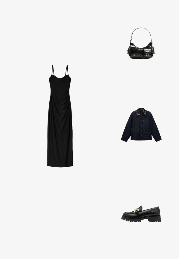 Mørk denimjakke med krave i sort læder, udstyret med trykknaplukninger foran, to store forlommer og en brystlomme.; Sort midi-kjole med tynde, justerbare stropper, der har et draperet design og en glat tekstur. Ingen synlige mønstre eller udsmykninger.; Sort læderloafer med en kraftig gummisål, der har en dekorativ guld kædeakcent foran. Glat tekstur med en afrundet tå.; Sort patenteret læder håndtaske med en buet form, en skulderrem, frontlommer og hardware accenter i sølvfarve.