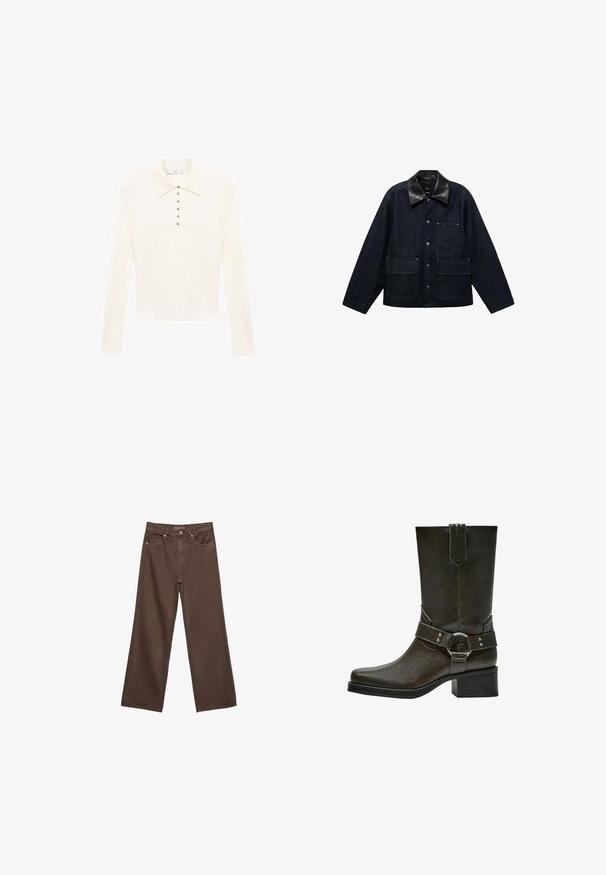 Tamna traper jakna s crnim kožnim ovratnikom, s prednjim zatvaračima na snap, dva velika prednja džepa i jedan džep na prsima.; Polo majica dugih rukava u krem boji, izrađena od mekanog materijala, s klasičnom kragnom i sedam malih srebrnih dugmadi na prednjoj strani.; Proširene smeđe traperice od denima, s visokim strukom, prednjim džepovima i klasičnom kopčom na dugme. Glatka tekstura s suptilnim šavovima.; Smeđe kožne gležnjače sa četvrtastim vrhom, kratkim blok potplatom i dekorativnim remenom sa kopčom od srebrnog metala. Glatka tekstura, jednostavan dizajn.