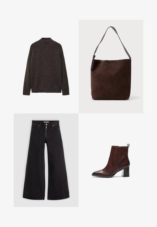 Tmavě modrá denimová bunda s černým koženým límcem, předními druky, dvěma velkými předními kapsami a jednou náprsní kapsou.; Hnědý pletený svetr s vysokým výstřihem, spadlými rameny a volným střihem. Měkká textura a žebrované detaily na výstřihu a ramenou.; Džíny s širokými nohavicemi v černém denimovém provedení se zipem vpředu, pěti kapsami a jemnými švy. Hladká textura a ležérní styl.; Hnědá kožená kotníková bota se špičatou špičkou a blokovým podpatkem. Má bezešvý design a smyčku na zadní straně pro snadné obouvání.; Hnědá surová kožená taška přes rameno s hladkým povrchem a jedním nastavitelným popruhem; má minimalistický design a jemné logo vpředu.