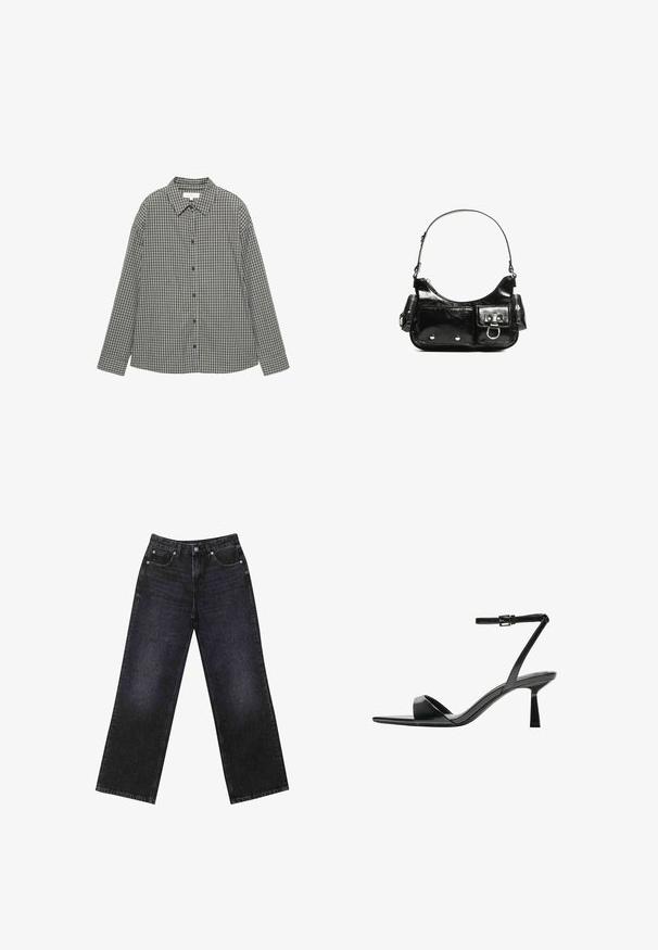 Tmavomodrá džínová bunda s čiernym koženým golierom, obsahujúca predné cvokové zapínanie, dve veľké predné vrecká a jedno vrecko na prsiach.; Kockovaná košeľa v čierno-bielej farbe s button-down prednou časťou, špicatým golierom a dlhými rukávmi s voľným strihom. Bavlnená látka.; Vysoké čierne denimmové džínsy so širokým strihom, dizajnom s piatimi vreckami a viditeľným šitím. Tkanina má hladký, mierne textúrovaný povrch.; Bershka Sandále na vysokom opätku - black; Čierna laková kožená kabelka s ohnutým tvarom, jedným ramenným popruhom, prednými vreckami a striebornými kovovými doplnkami.