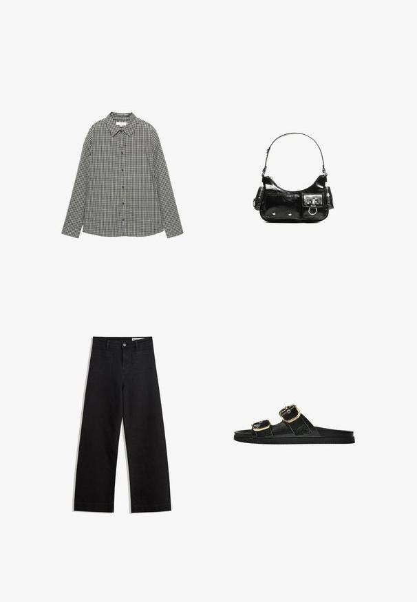 Jachetă din denim închis cu guler din piele neagră, având închideri frontale cu capse, două buzunare mari în față și un buzunar pe piept.; Cămașă cu carouri în alb și negru, cu un guler ascuțit, un sistem de închidere cu butoane pe față și mâneci lungi, având o croială lejeră. Material din bumbac.; Pantaloni din denim negri cu picioare largi, cu talie înaltă, având buzunare frontale și posterioare, cusături dublate și închidere cu nasture. Textură netedă.; Sandalie negre cu toc plat, cu două accente de cataramă aurie, din material texturat neted și design minimalist.; Geantă de mână din piele lăcuită neagră, cu o formă curbată, un umăr, buzunare frontale și accente din metal argintiu.