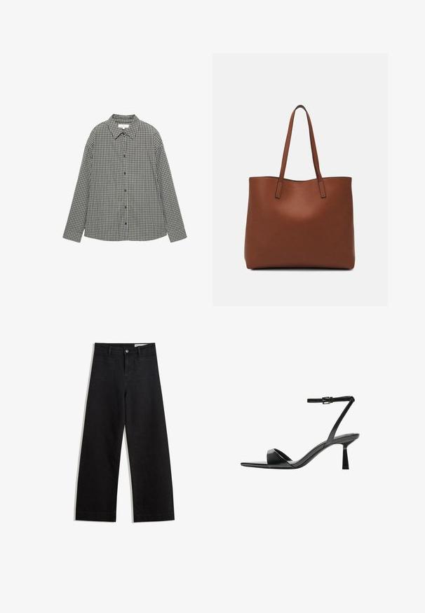 Tumman denim-takki mustalla nahkakauluksella, jossa on edessä nappilukko, kaksi suurta etutaskua ja yksi rintatasku.; Ruudullinen paita musta-valkoinen, eri kokoisilla painonapeilla, terävä kaulus ja pitkät hihat, joissa rento muoto. Puuvillakangas.; Mustat leveät farkut korkealla vyötäröllä, joissa on etu- ja takataskut, ommellut saumat ja nappisuljenta. Silkinoinen rakenne.; Bershka Korolliset sandaalit - black; Ruskea nahkainen olkalaukku, jossa on sileä pinta, avoin yläosa ja kaksi olkahihnaa. Omaavat vain minimaalisen ompelun eikä näkyvää metalliosaa.