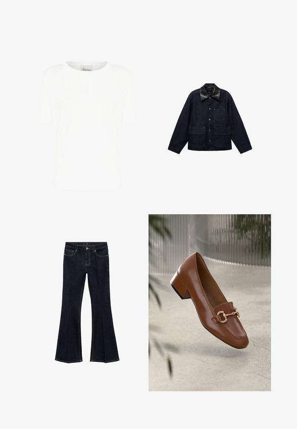 Mørk denimjakke med krave i sort læder, udstyret med trykknaplukninger foran, to store forlommer og en brystlomme.; Hvid kortærmet t-shirt lavet af blødt bomuld, med rund halsudskæring og en afslappet pasform, uden synlige mønstre eller accenter.; Mørkeblå denim jeans med høj talje, forlommer og brede, flagrende ben, udstillet fladt på en hvid baggrund.; Brun patentlæder loafers med firkantet tå, metallisk kædeaccent og lav blokhæl; glat tekstur, minimalistisk design.