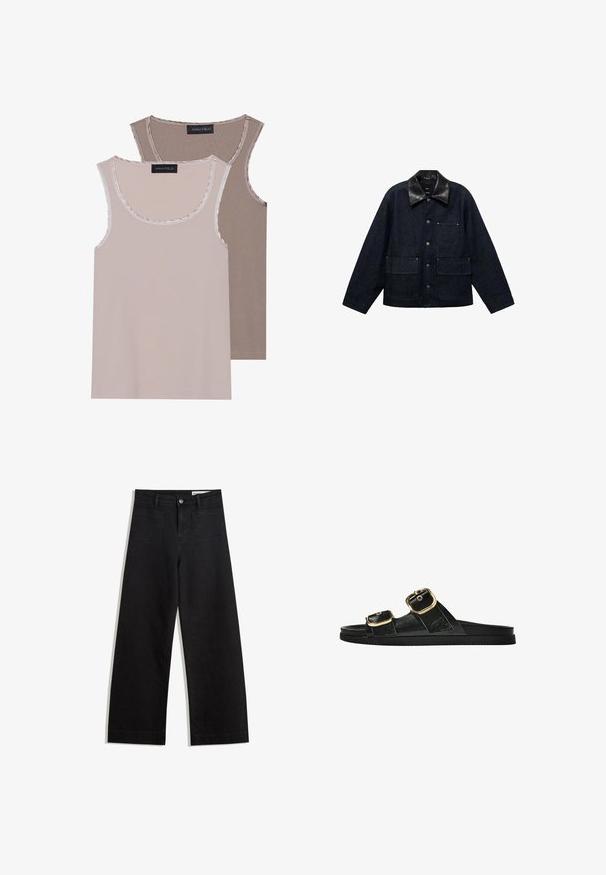 Temno jeans jakna z ovratnikom iz črne usnje, z sprednjimi gumbi na zapiranje, dvema velikima sprednjima žepoma in enim žepom na prsih.; Dve majice na tanko v svetlo bež in rjavi barvi, z rebrastim teksturo, okroglim izrezom ter kontrastnim obrobjem ob ovratniku in odprtinah za roke.; Črne široke denim hlače z visokim pasom, ki imajo sprednje in zadnje žepe, šivane šive ter gumbasto zapiranje. Gladka tekstura.; Črne drsne sandale z dvema zlatima zaponkama, gladkega materiala, ravnim podplatom in minimalističnim dizajnom.