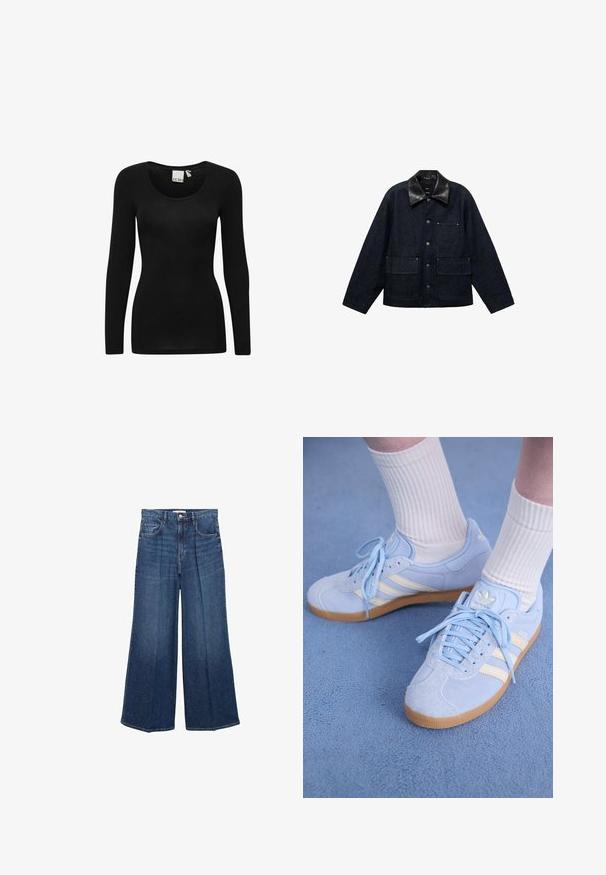 Temno jeans jakna z ovratnikom iz črne usnje, z sprednjimi gumbi na zapiranje, dvema velikima sprednjima žepoma in enim žepom na prsih.; Črna dolgrokavna majica z okroglim ovratnikom, izdelana iz mehkega in raztegljivega materiala. Ima prilegajoč silhueto in minimalističen dizajn.; Široke jeans hlače iz temno modrega denima, z visokim pasom, zankami za pas in klasičnim pet-pocket dizajnom. Končane s čistim robom.; Svjetloplave suede tenisice s bijelim trakama, ravnim vezicama i gumenenim potplatom. Iznad gležnja su nošene rebraste bijele čarape.