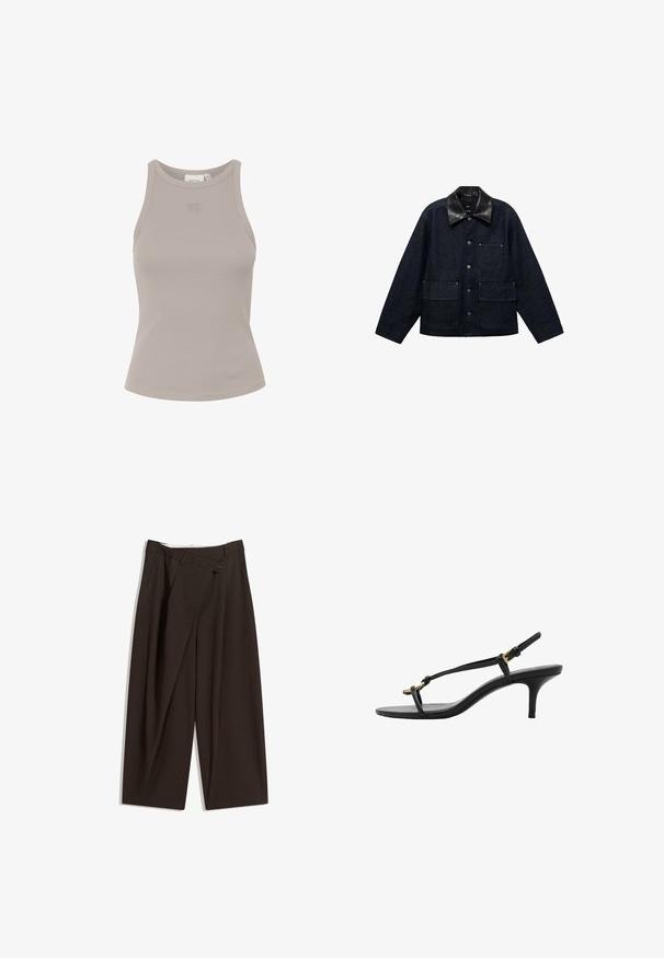Giacca di jeans scuri con colletto in pelle nera, dotata di chiusure a pressione sul davanti, due grandi tasche frontali e una tasca sul petto.; Top a coste senza maniche di colore grigio chiaro, con scollatura rotonda e un brand discreto sul davanti. Realizzato in un materiale morbido ed elasticizzato.; Pantaloni a gamba larga marrone scuro con vita alta, dotati di una chiusura con bottone singolo e una parte anteriore plissettata. Realizzati in tessuto leggero.; Sandal con zeppa kitten nera in pelle, con sottili cinturini, fibbia dorata e una minimalista fascetta per le dita su sfondo bianco.