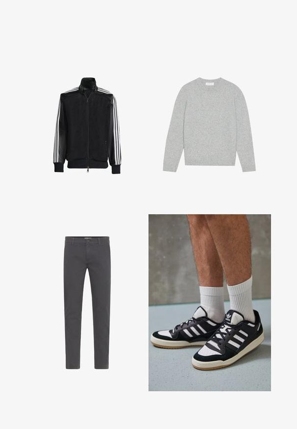 Black mesh jacket with a zip front, featuring solid black sleeves and three white stripes along the arms. Ribbed cuffs and hem.; Light grey wool sweater with a round neck, long sleeves, and ribbed cuffs and hem. Soft texture with a solid, minimal design.; Gray, slim-fit trousers made from soft cotton. Features a button closure, belt loops, and a clean, streamlined design. No visible patterns.; Black and white sneakers with a suede and leather upper, featuring three white stripes, a perforated toe, and a gum rubber sole.