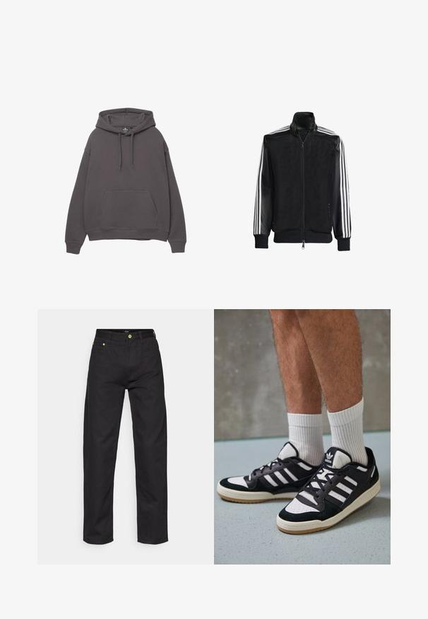 Giacca nera in rete con zip frontale, dotata di maniche nere solide e tre strisce bianche lungo le braccia. Polsini e orlo a coste.; Felpa grigia in cotone con tasca frontale, cappuccio regolabile con lacci, polsi e orlo a costine. Design semplice, texture morbida e vestibilità rilassata.; Pantaloni in denim nero con taglio dritto, caratterizzati da bottoni verdi a contrasto e design a cinque tasche standard. Tessuto morbido, stile classico.; Sneaker bianco e nero con tomaia in suede e pelle, caratterizzati da tre strisce bianche, punta perforata e suola in gomma naturale.