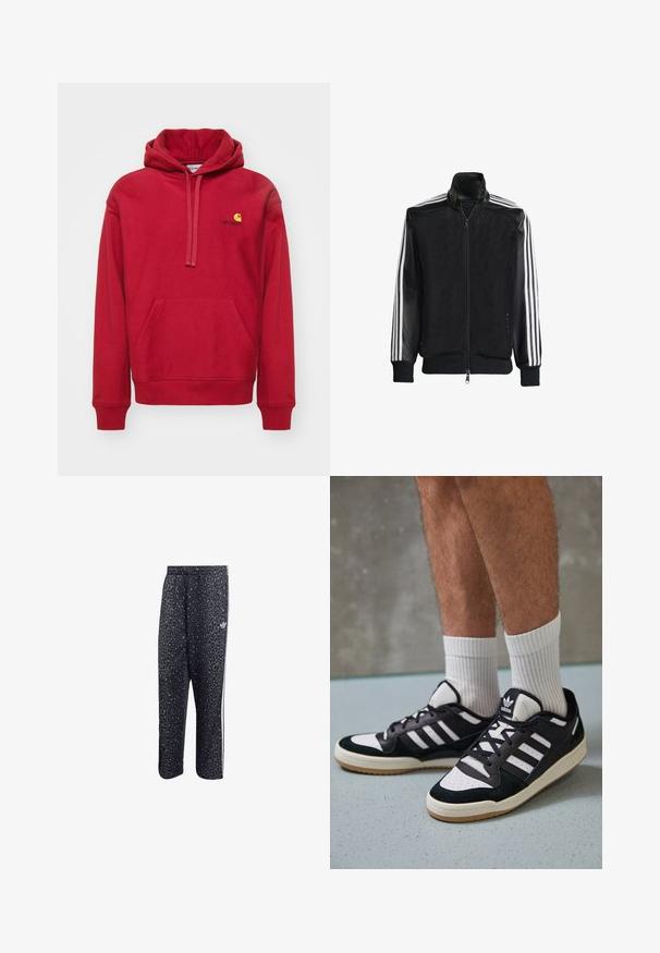 Jachetă din plasă neagră, cu fermoar față, având mâneci negre solide și trei dungi albe pe brațe. Manșete și tiv cu nervuri.; Carhartt WIP HOODED AMERICAN SCRIPT - Hanorac - tuscany; Pantaloni de sport negri cu un model din leopard, având un design cu trei dungi albe și un logo al brandului sportiv pe lateral.; Adidași negri și albi cu un superior din suede și piele, prevăzuți cu trei dungi albe, un vârf perforat și o talpă din cauciuc caramel.