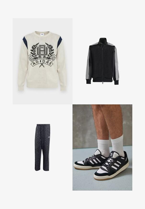 Svart mesh-jakke med glidelås foran, med solide svarte ermer og tre hvite striper langs armene. Ribbestrikkede mansjetter og nederkant.; Kremfarget strikket genser med marineblå detaljer. Har en markant svart logo og dekorativ kransmønster. Ribbestrikkede mansjetter og nederkant.; Svarte treningsbukser med leopardmønster, har en hvit tre-stripesdesign og en logo fra et atletisk merke på siden.; Sorte og hvite sneakers med overdel i semsket skinn og lær, med tre hvite striper, perforert tå og en såle av gummi.