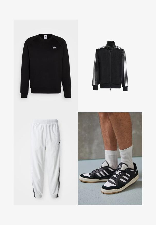Jaqueta de malha preta com fecho zip, apresentando mangas pretas sólidas e três riscas brancas ao longo dos braços. Punhos e bainha canelados.; Sweatshirt preto com mangas raglan, gola redonda e punhos com ribana. Apresenta um pequeno logotipo branco da Adidas no peito. Tecido de textura suave.; Calças de treino brancas com riscas laterais pretas, cintura elástica e punhos; apresenta o logotipo da Adidas na coxa esquerda. Textura de tecido suave.; Ténis em preto e branco com upper em camurça e couro, apresentando três riscas brancas, um toe perfurado e uma sola em borracha de goma.