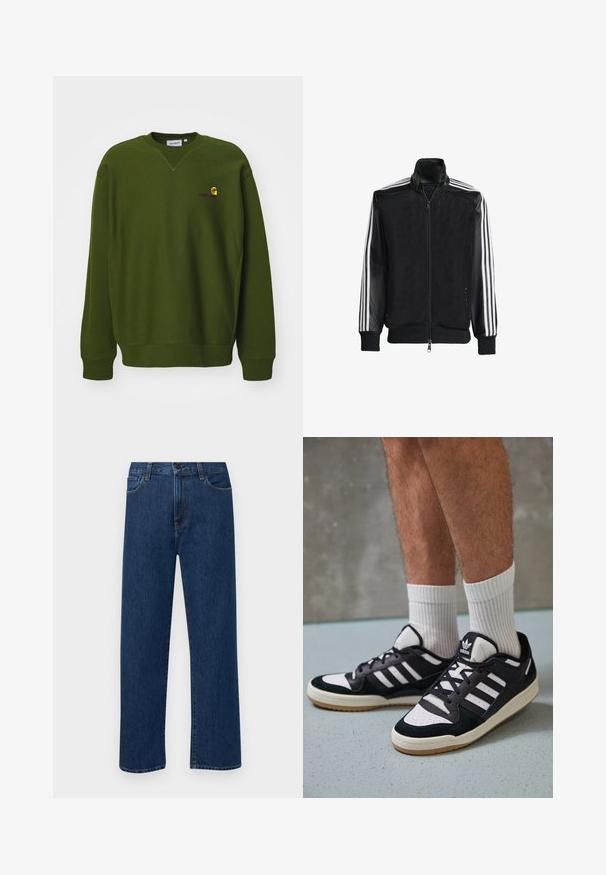 Schwarze Mesh-Jacke mit Reißverschluss vorne, die aus einem einfarbigen schwarzen Ärmeln und drei weißen Streifen an den Armen besteht. Gerippte Bündchen und Saum.; Olivenfarbener Pullover mit lockerer Passform, Rundhalsausschnitt und gerippten Bündchen. Verfügt über ein kleines, gelbes und lila gesticktes Logo auf der Brust.; Dunkelblaue gerade geschnittene Jeans mit Fronttaschen und Knopfverschluss, auf einem schlichten weißen Hintergrund präsentiert.; Schwarz-weiße Sneaker mit einem Obermaterial aus Wildleder und Leder, ausgestattet mit drei weißen Streifen, einer perforierten Zehenpartie und einer Sohle aus Gummi.