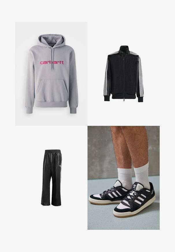 Jaqueta de malha preta com fecho zip, apresentando mangas pretas sólidas e três riscas brancas ao longo dos braços. Punhos e bainha canelados.; Suuadeira cinza com bolso frontal e logótipo "carhartt" bordado em rosa. Feita de material suave, com punhos e bainha canelados.; Calças de treino sintéticas pretas com um cós elástico, apresentando riscas laterais brancas e um pequeno logótipo branco no quadril esquerdo.; Ténis em preto e branco com upper em camurça e couro, apresentando três riscas brancas, um toe perfurado e uma sola em borracha de goma.