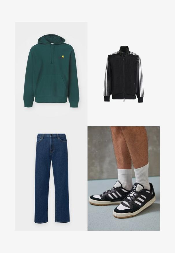 Schwarze Mesh-Jacke mit Reißverschluss vorne, die aus einem einfarbigen schwarzen Ärmeln und drei weißen Streifen an den Armen besteht. Gerippte Bündchen und Saum.; Grüne Kapuzenjacke aus Baumwollmischung mit einer Fronttasche, Kordelzugkapuze und gesticktem Logo in Gelb und Rot auf der Brust.; Dunkelblaue gerade geschnittene Jeans mit Fronttaschen und Knopfverschluss, auf einem schlichten weißen Hintergrund präsentiert.; Schwarz-weiße Sneaker mit einem Obermaterial aus Wildleder und Leder, ausgestattet mit drei weißen Streifen, einer perforierten Zehenpartie und einer Sohle aus Gummi.