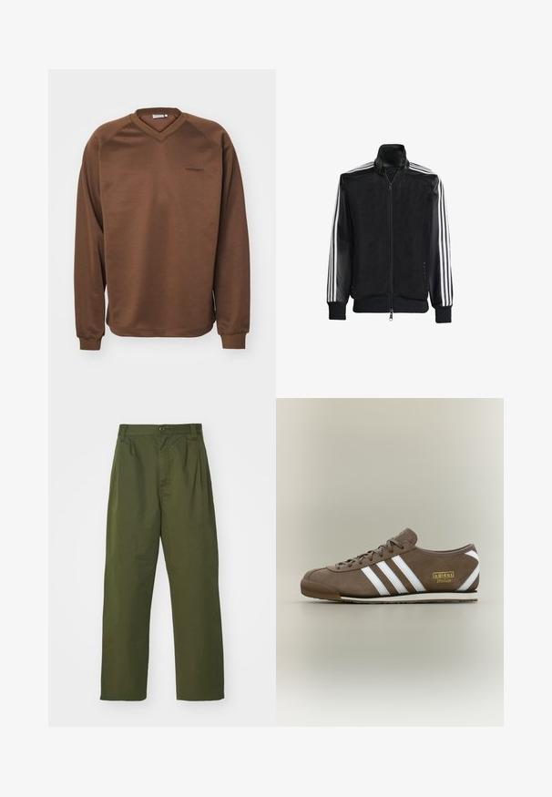 Svart mesh-jakke med glidelås foran, med solide svarte ermer og tre hvite striper langs armene. Ribbestrikkede mansjetter og nederkant.; Brun genser med v-halsdesign, lange raglanermer og ribbede mansjetter. Har en subtil brodert logo på brystet. Glatt tekstur.; Olivenfargede, høy midje-bukser med rette bein. Laget av et lett stoff, med frontfolder og knappelukking.; Brun semsket joggesko med tre hvite striper, flat gummisåle, rund tå og gullfarget "adidas Italia"-logo på siden.
