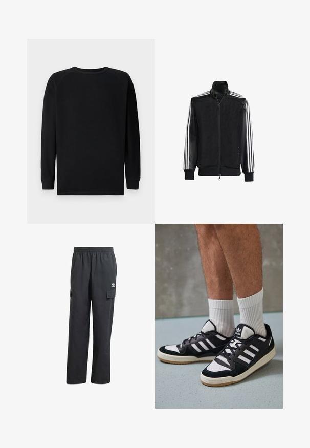 Black mesh jacket with a zip front, featuring solid black sleeves and three white stripes along the arms. Ribbed cuffs and hem.; Black long-sleeve shirt with a textured, waffle knit design. Features a round neckline and ribbed cuffs. No visible logos or patterns.; Black cargo pants with an elastic waistband, two side pockets, and a subtle logo on the left thigh. Made from a lightweight fabric.; Black and white sneakers with a suede and leather upper, featuring three white stripes, a perforated toe, and a gum rubber sole.