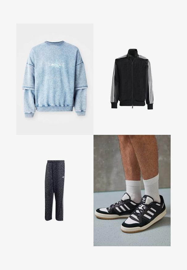 Must mustriga jope, millel on lukuga eesosa, ning mustad varrukad ja kolm valget triipu varrukate ääres. Ribaelastne mansett ja allääre.; Sinine puuvillane sügist, madalate õlgadega, ribikrae ja tikandiga detailid. Omab lõdva istuvust ja struktuurset kangast.; Mustadmustelised spordipüksid, millel on leopardimuster, valged kolmerealised triibud ja kerge brändi logo külgedel.; Mustvalged ja valged spordijalatsid, mille pealmine osa on valmistatud suede'ist ja nahast. Kingadel on kolm valget riba, auguline varvas ja kummist tald.