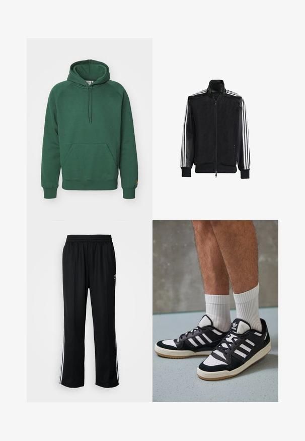 Schwarze Mesh-Jacke mit Reißverschluss vorne, die aus einem einfarbigen schwarzen Ärmeln und drei weißen Streifen an den Armen besteht. Gerippte Bündchen und Saum.; Carhartt WIP HOODED CHASE - Sweatshirt - sycamore tree/gold; Schwarze Sporthosen mit elastischem Bund, ausgestattet mit weißen Seitenstreifen und einem kleinen Logo. Das Material wirkt weich und leicht.; Schwarz-weiße Sneaker mit einem Obermaterial aus Wildleder und Leder, ausgestattet mit drei weißen Streifen, einer perforierten Zehenpartie und einer Sohle aus Gummi.