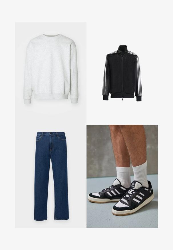 Giacca nera in rete con zip frontale, dotata di maniche nere solide e tre strisce bianche lungo le braccia. Polsini e orlo a coste.; Felpa grigia chiara realizzata in misto cotone. Collo rotondo, maniche lunghe, polsini e orlo a coste. Texture morbida, design minimalista senza motivi.; Jeans in denim di un blu scuro a gamba dritta con tasche anteriori e chiusura con bottone, esposti su uno sfondo bianco semplice.; Sneaker bianco e nero con tomaia in suede e pelle, caratterizzati da tre strisce bianche, punta perforata e suola in gomma naturale.