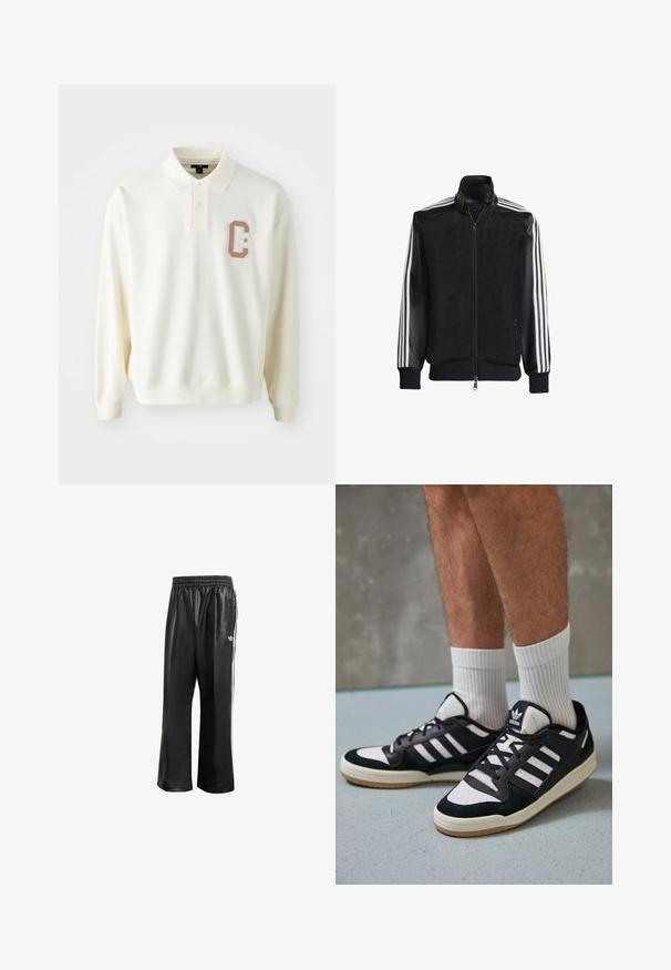 Black mesh jacket with a zip front, featuring solid black sleeves and three white stripes along the arms. Ribbed cuffs and hem.; Long-sleeve beige polo shirt made of soft fabric, featuring a buttoned collar and a tonal "C" patch with a star on the chest.; Black synthetic track pants with an elastic waistband, featuring white side stripes and a small white logo on the left hip.; Black and white sneakers with a suede and leather upper, featuring three white stripes, a perforated toe, and a gum rubber sole.