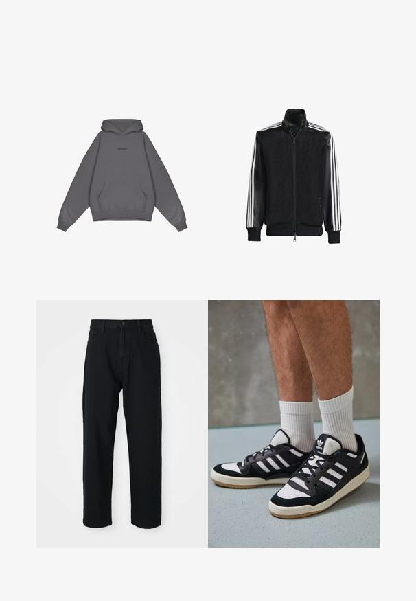 Jachetă din plasă neagră, cu fermoar față, având mâneci negre solide și trei dungi albe pe brațe. Manșete și tiv cu nervuri.; Pegador COLNE LOGO  - Hanorac - washed anthracite/black; Pantaloni din denim negru cu croială dreaptă. Au un design clasic cu cinci buzunare, închidere cu nasture și o textură subtilă a materialului.; Adidași negri și albi cu un superior din suede și piele, prevăzuți cu trei dungi albe, un vârf perforat și o talpă din cauciuc caramel.