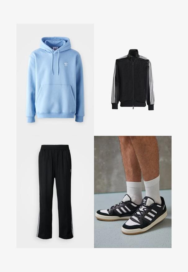 Jaqueta de malha preta com fecho zip, apresentando mangas pretas sólidas e três riscas brancas ao longo dos braços. Punhos e bainha canelados.; Sweatshirt azul claro feito de um tecido misto de algodão, com um bolso canguru, capuz ajustável com cordão e um pequeno logo branco no peito.; Calças atléticas pretas com um cós elástico, apresentando riscas brancas laterais e um pequeno logótipo. O material parece macio e leve.; Ténis em preto e branco com upper em camurça e couro, apresentando três riscas brancas, um toe perfurado e uma sola em borracha de goma.