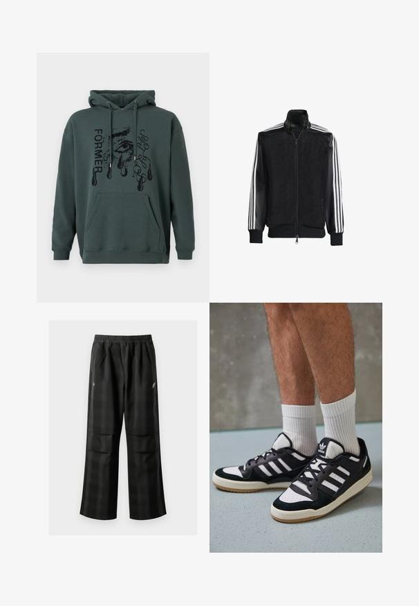 Veste en maille noire avec fermeture éclair à l'avant, présentant des manches noires unies et trois rayures blanches le long des bras. Poignets et ourlet côtelés.; Haut à capuche vert foncé en tissu doux, avec une poche avant, un cordon de serrage au niveau de la capuche et un graphisme avec un design d'œil et des gouttes.; Pantalons à carreaux noirs avec une taille élastique, deux poches avant et une coupe ample avec une conception à jambe droite. Fabriqués en matériau léger.; Baskets noir et blanc avec une tige en suède et cuir, comportant trois rayures blanches, un bout perforé et une semelle en caoutchouc gum.