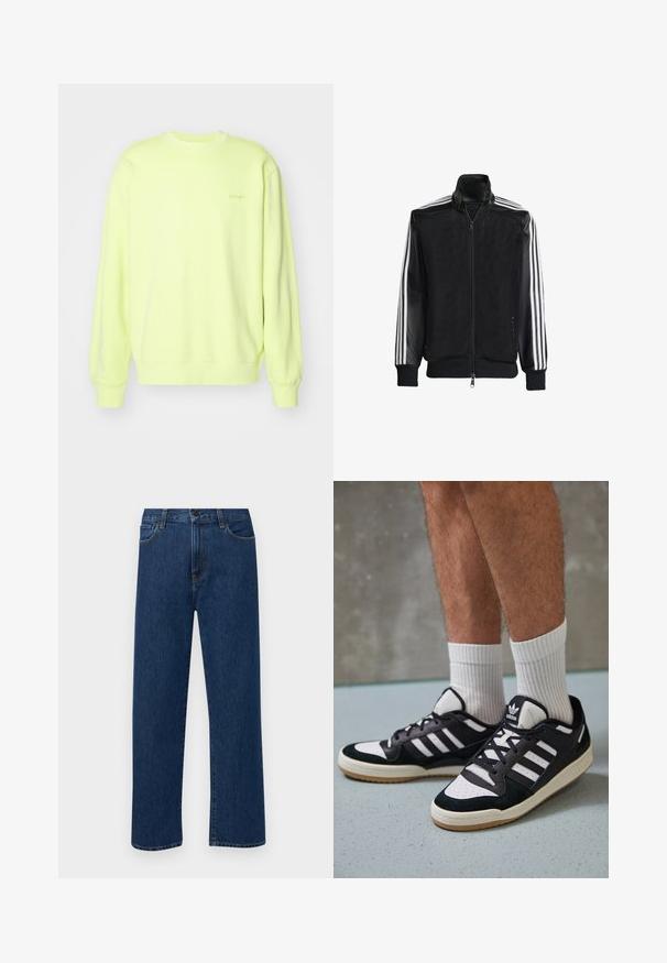 Must mustriga jope, millel on lukuga eesosa, ning mustad varrukad ja kolm valget triipu varrukate ääres. Ribaelastne mansett ja allääre.; Kirkas kollanene dressipluus pehmest kangast, ümmarguse kaelusega, pikkade varrukatega ja sooniku ääristusega. Ees on diskreetne logo.; Tumedat sinised sirged teksapüksid esikottide ja nupuklõpsuga, esitatud helesinisel taustal.; Mustvalged ja valged spordijalatsid, mille pealmine osa on valmistatud suede'ist ja nahast. Kingadel on kolm valget riba, auguline varvas ja kummist tald.